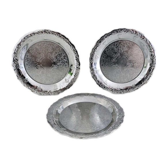 Unbranded Other - 3 Small Nickel Plated Embossed Round Platters Trays Etched Ornate Grapes